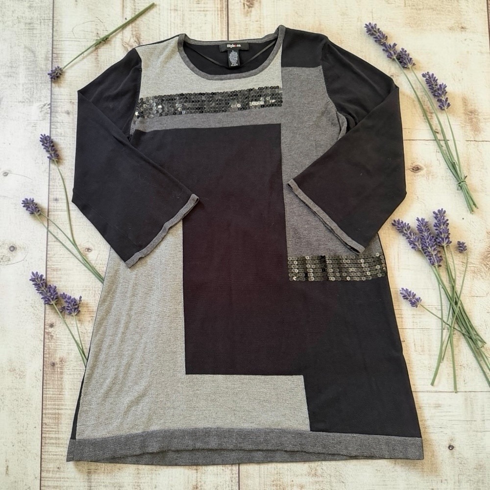 Style‎ & Co Colorblock Sequin Tunic Top Mini Sweater Dress Gray Black L 30"